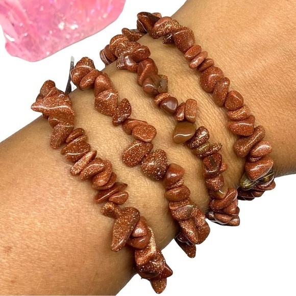 Goldstone Beaded Stretch Bracelet Natural Stone Chip Beads Chips Boho - Picture 1 of 6